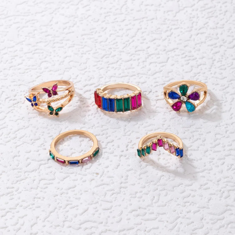 Bohemian Colorful Rhinestone Butterfly & Flower Ring Set