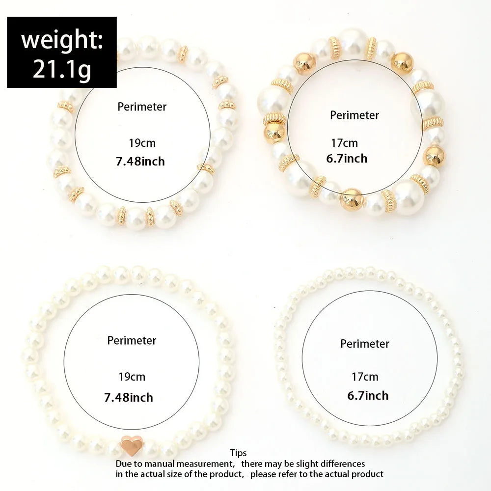 4-Piece Elegant White Faux Pearl & Heart Bracelet Set