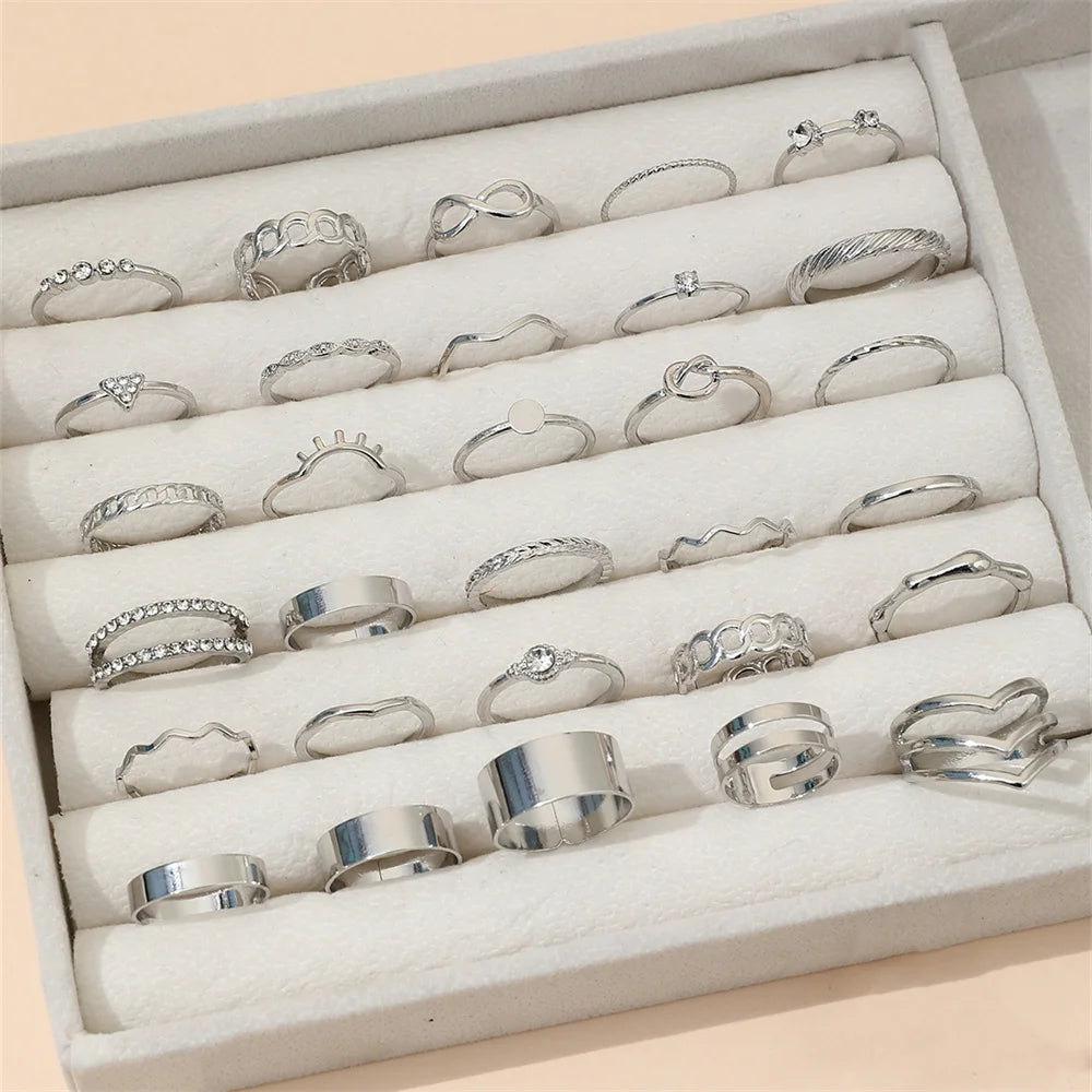 30-Piece Rhinestone Geometric Ring Set