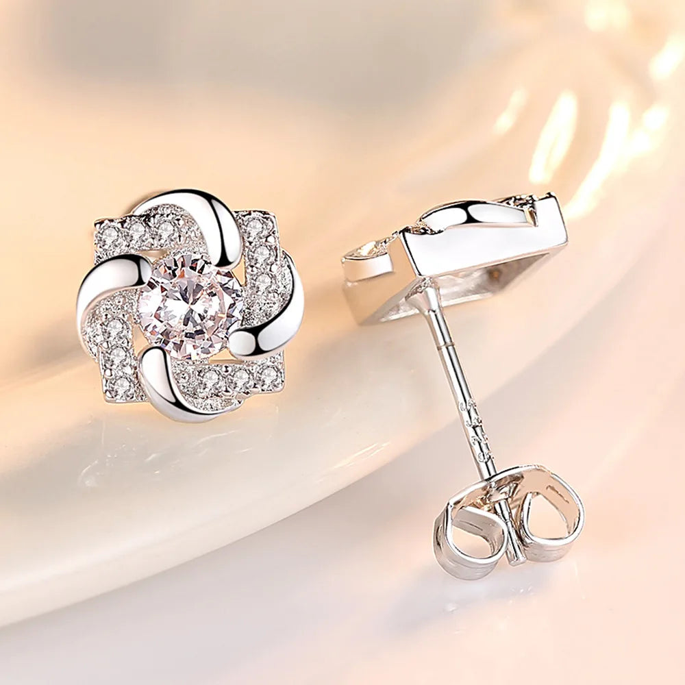 925 Sterling Silver Crystal Zircon Flower Stud Earrings