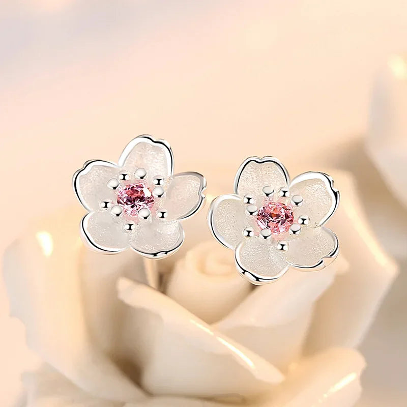 Solid 925 Sterling Silver Crystal Flower Stud Earrings