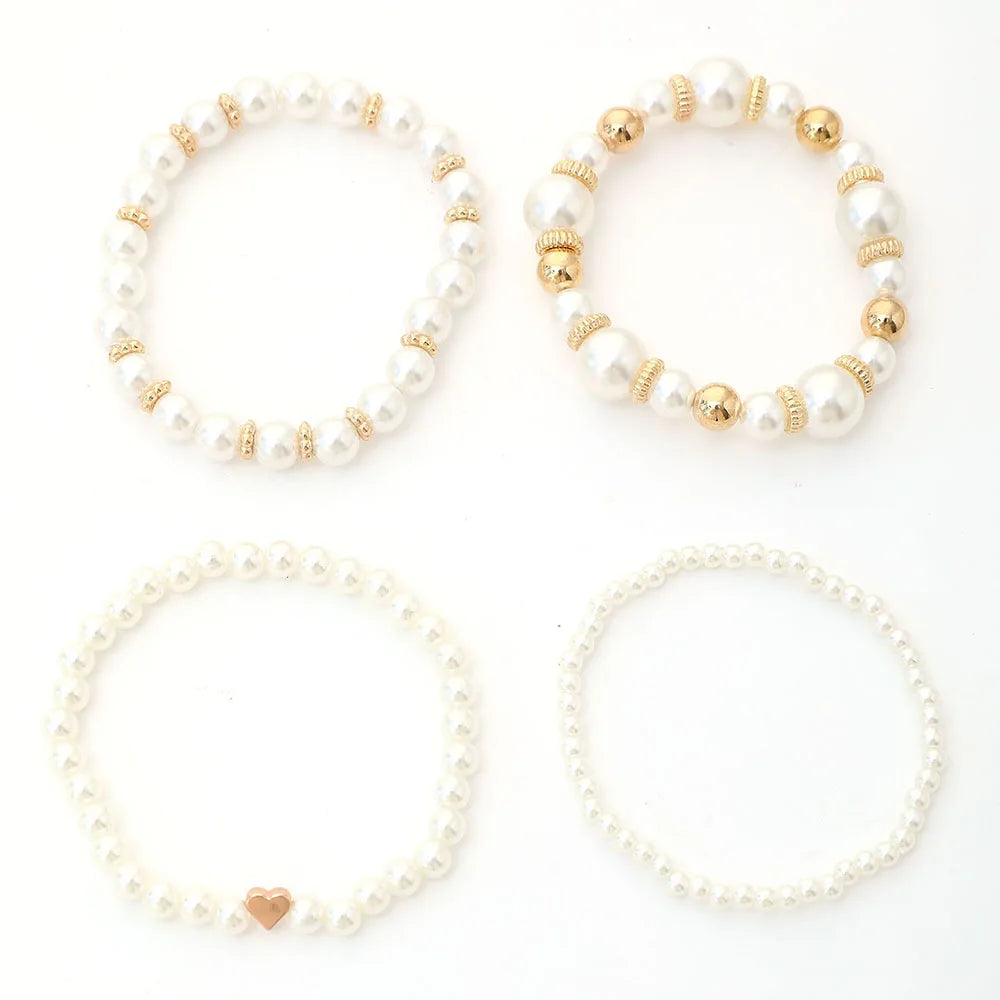 4-Piece Elegant White Faux Pearl & Heart Bracelet Set