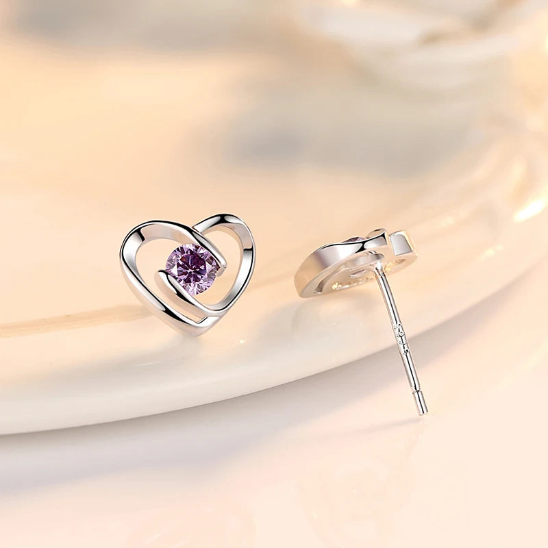 Sterling Silver Heart Crystal Stud Earrings